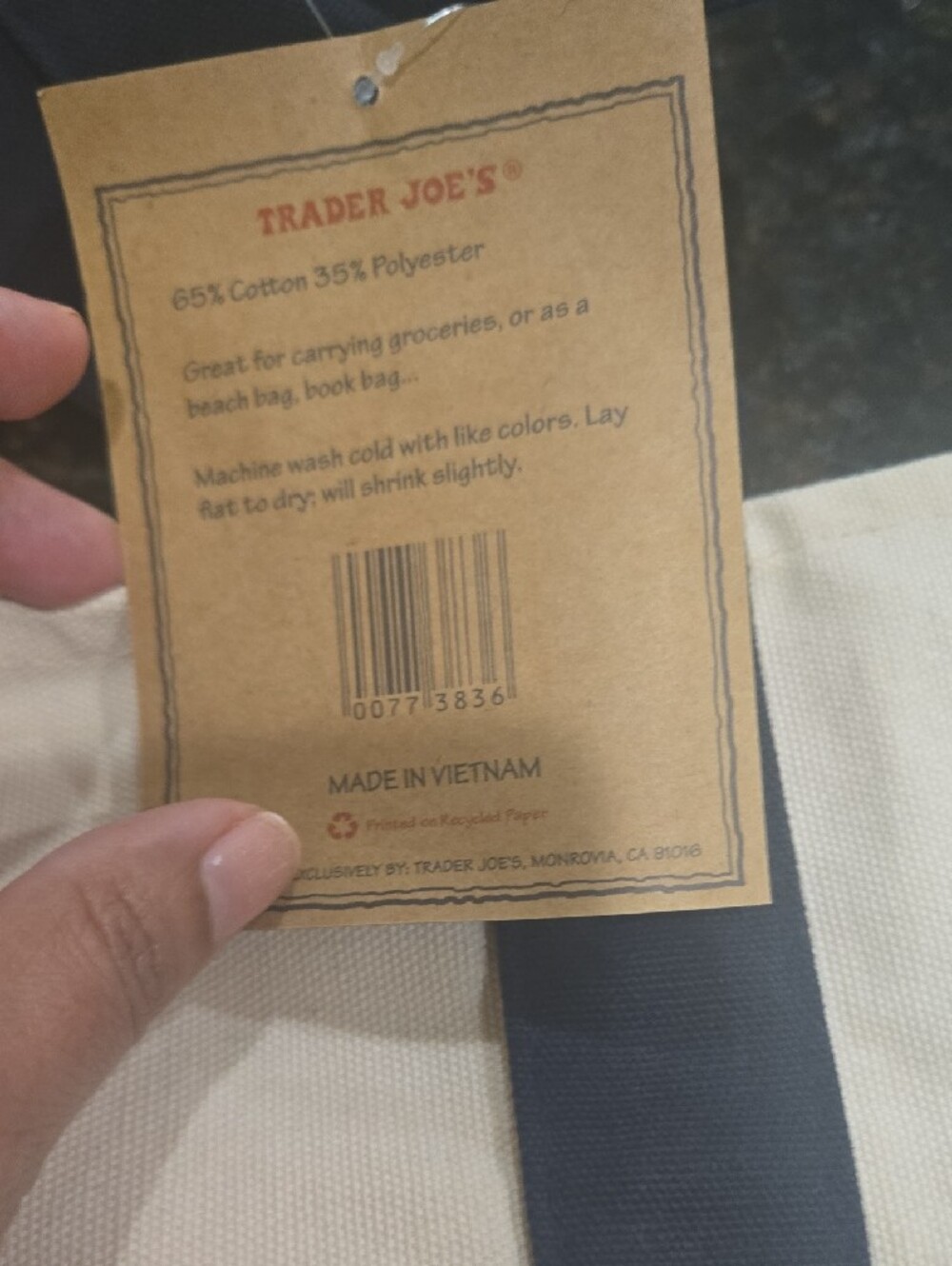 Trader Joe's Canvas Tote Bag in Cream and Navy - Picture 2 of 3